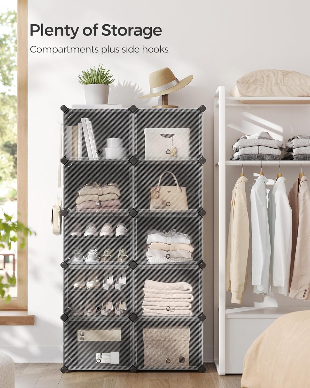 SONGMICS Dulap modular pantofi cu 10 compartimente, cu usi transparente, 83x32x156 cm, negru