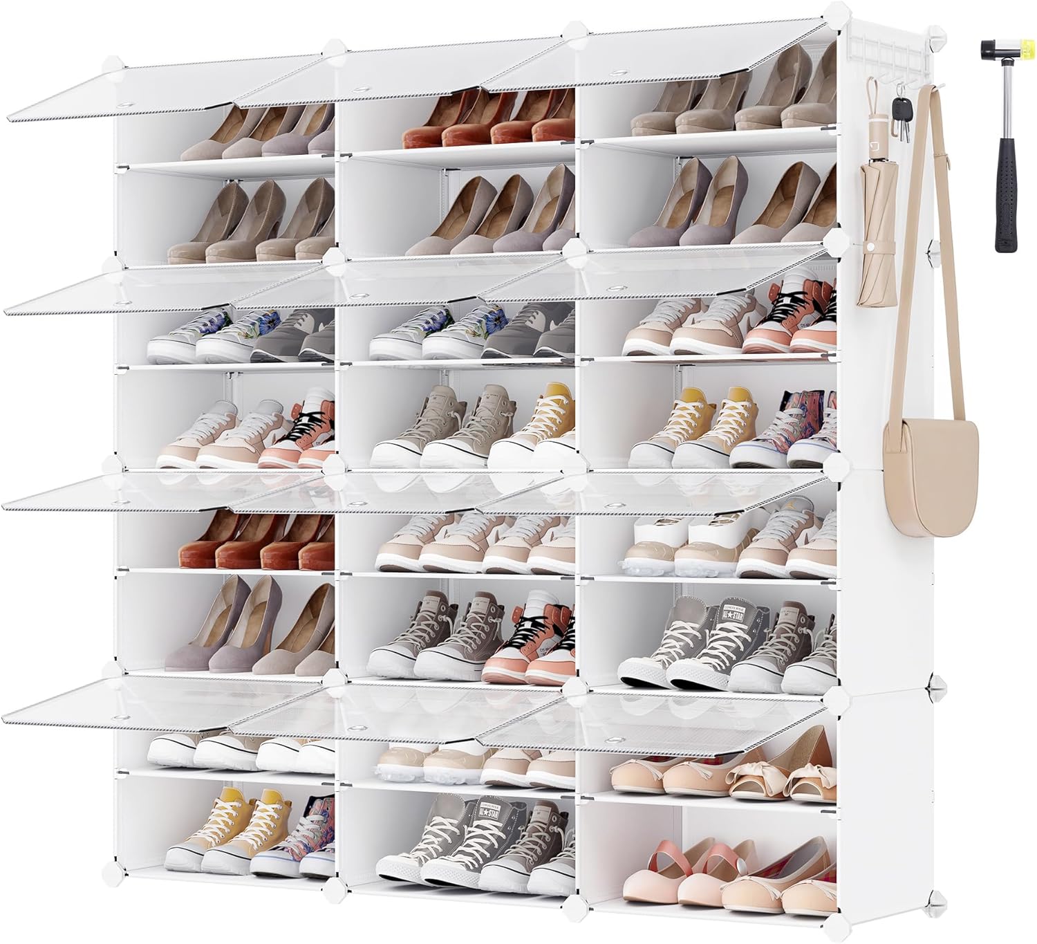 SONGMICS Organizator pantofi modular cu 12 compartimente, cadru metalic si panouri din plastic, cu usi, 124x32x125 cm, alb