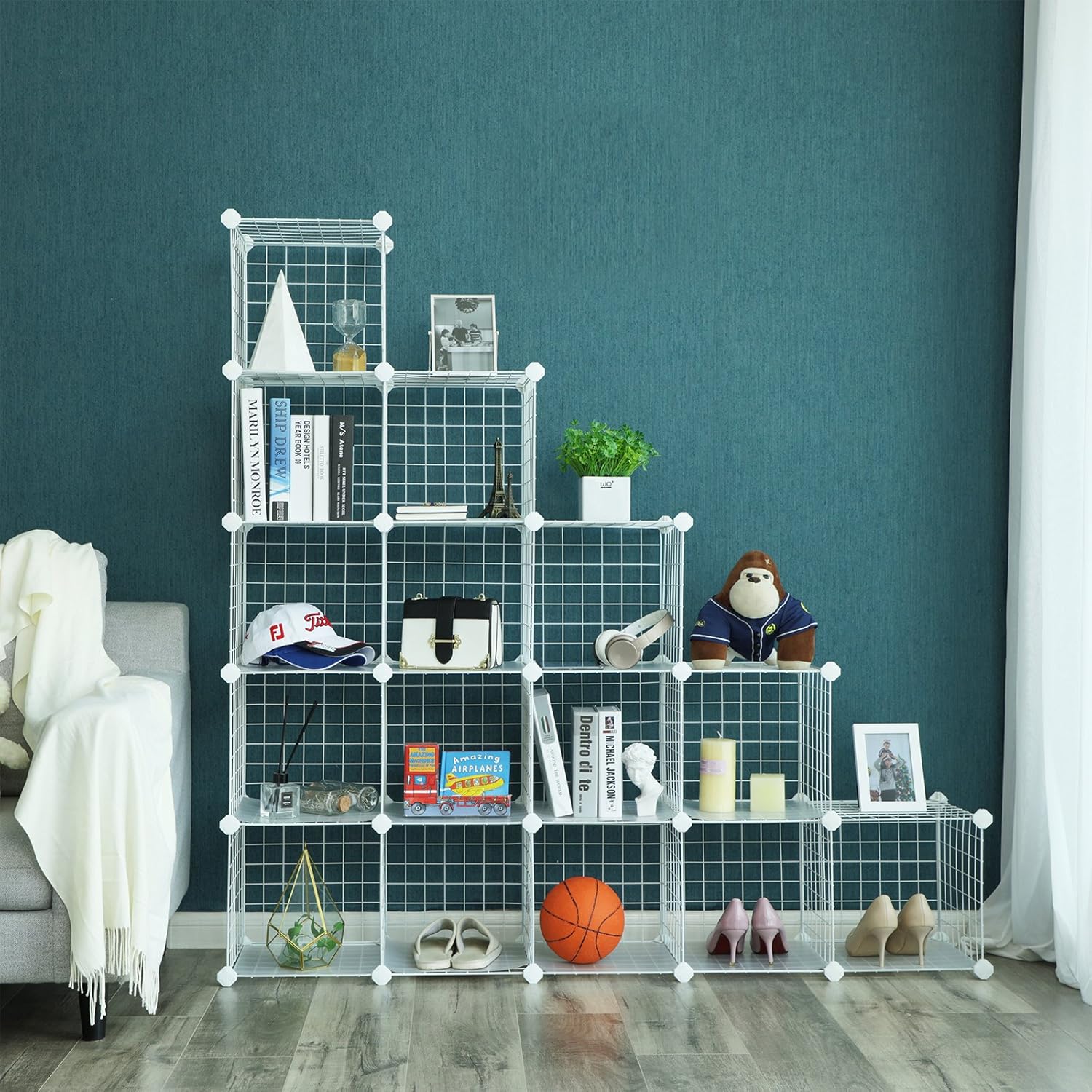 SONGMICS Organizator cu 16 cuburi modulare de depozitare, configurabil, metalic, 123x31x123cm, alb
