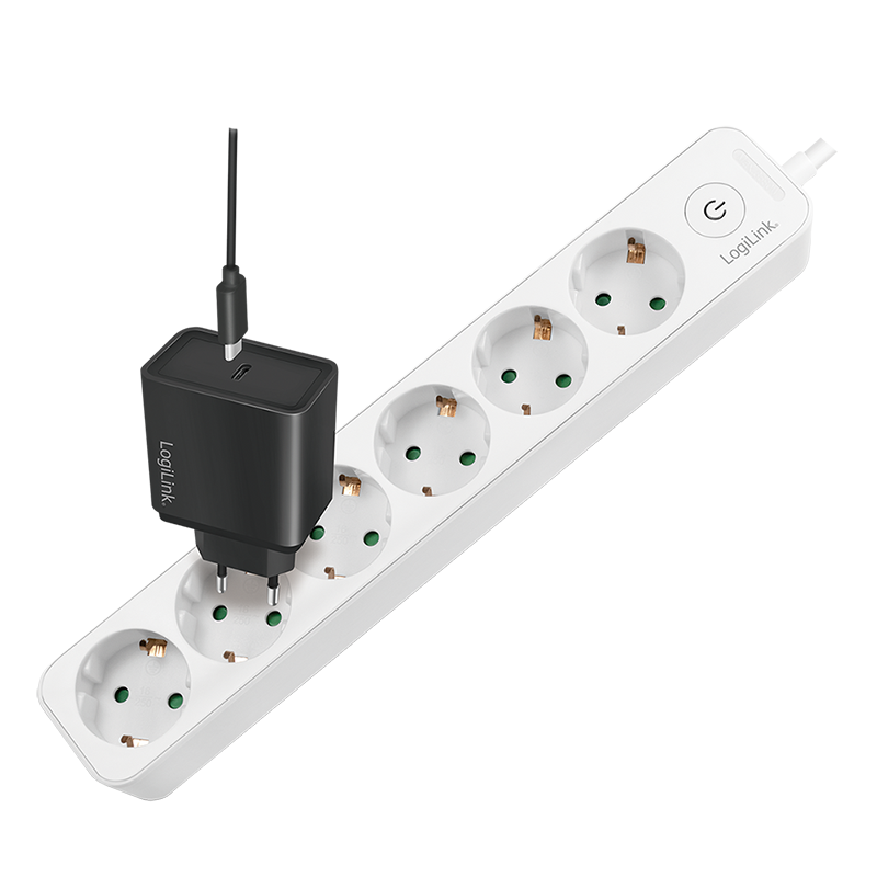 PRELUNGITOR LOGILINK, Schuko x 6, cablu 3G 1.5mm2, 230 V/16 A, 50 Hz, max. 3500 W, buton intrerupator iluminat, IP20, 1.5m, alb, "LPS247"