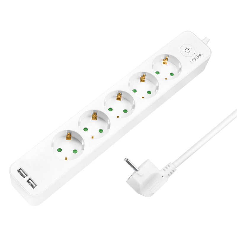 PRELUNGITOR LOGILINK, Schuko x 5, USB x 2 5V/2.1A (10.5 W), cablu 3G 1.5mm2, 230 V/16 A, 50 Hz, max. 3600 W, buton intrerupator iluminat, IP20, 1.5m, alb "LPS249U" (include TV 0.80lei)