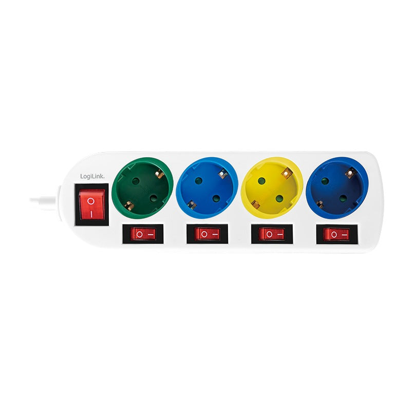 PRELUNGITOR LOGILINK, Schuko x 4, conectare prin Schuko (T), cablu 1.5 m, 16 A, protectie copii, alb/ multicolor, "LPS257"