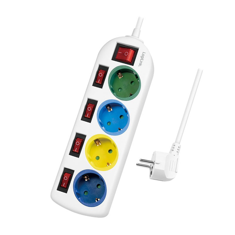 PRELUNGITOR LOGILINK, Schuko x 4, conectare prin Schuko (T), cablu 1.5 m, 16 A, protectie copii, alb/ multicolor, "LPS257"