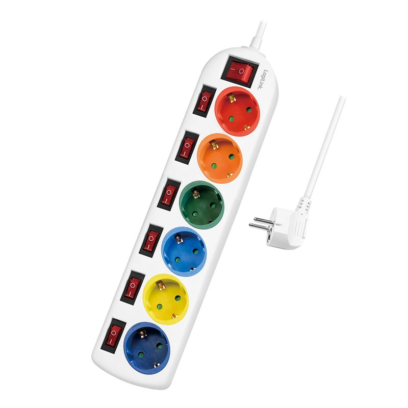 PRELUNGITOR LOGILINK, Schuko x 6, conectare prin Schuko (T), cablu 1.5 m, 16 A, protectie copii, alb/ multicolor, "LPS259"
