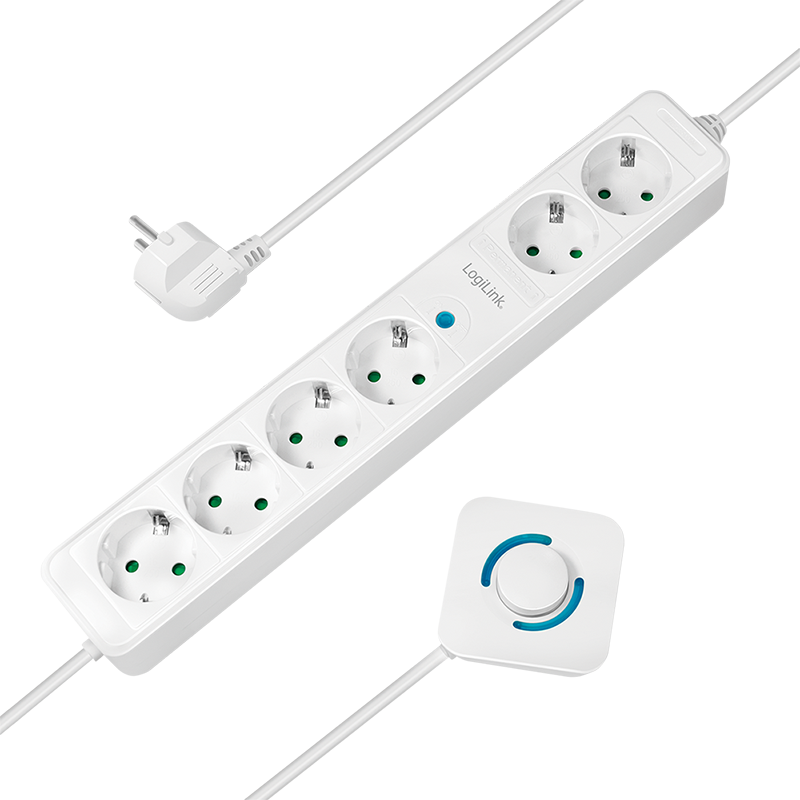 PRELUNGITOR LOGILINK, Schuko x 6, cablu 3G 1.5mm2, 230 V/16 A, 50 Hz, max. 3500 W, ON/OFF de picior pt. 4 prize, 1.5m, alb, "LPS271"