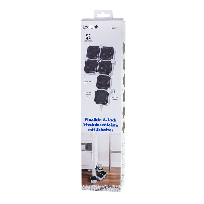 PRELUNGITOR LOGILINK, flexibil 180 grade, Schuko x 5, cablu 3G 1.5mm2, 230 V/16 A, 50 Hz, max. 3600 W, buton intrerupator iluminat, IP20, 1.5m, alb/negru "LPS277" (include TV 0.80lei)