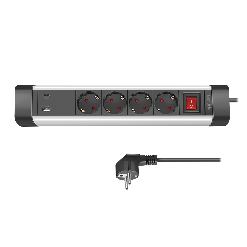 PRELUNGITOR LOGILINK, Schuko x 4, conectare prin Schuko (T), ON/OFF, 16 A, 1xUSB-A, 1xUSB-C, cablu 1.5m, protectie IP20, negru-argintiu, "LPS278U"