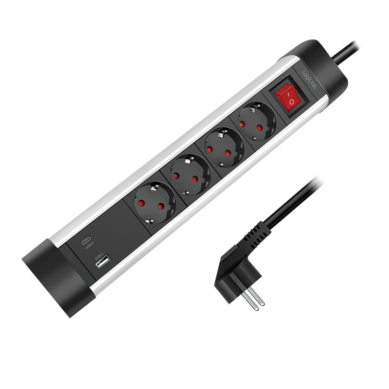 PRELUNGITOR LOGILINK, Schuko x 4, conectare prin Schuko (T), ON/OFF, 16 A, 1xUSB-A, 1xUSB-C, cablu 1.5m, protectie IP20, negru-argintiu, "LPS278U"