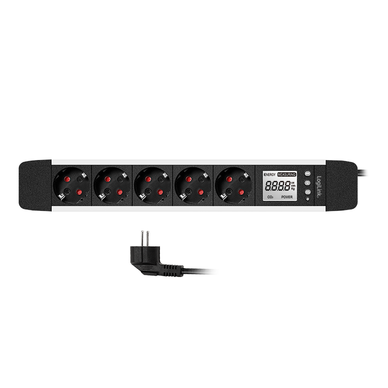 PRELUNGITOR LOGILINK, Schuko x 5, cablu 3G 1.5mm2, 230 V/16 A, 50 Hz, max. 3500 W, LCD consum, butoane: Power, Q, CO2, Reset, 1.4m, negru-argintiu, "LPS286"