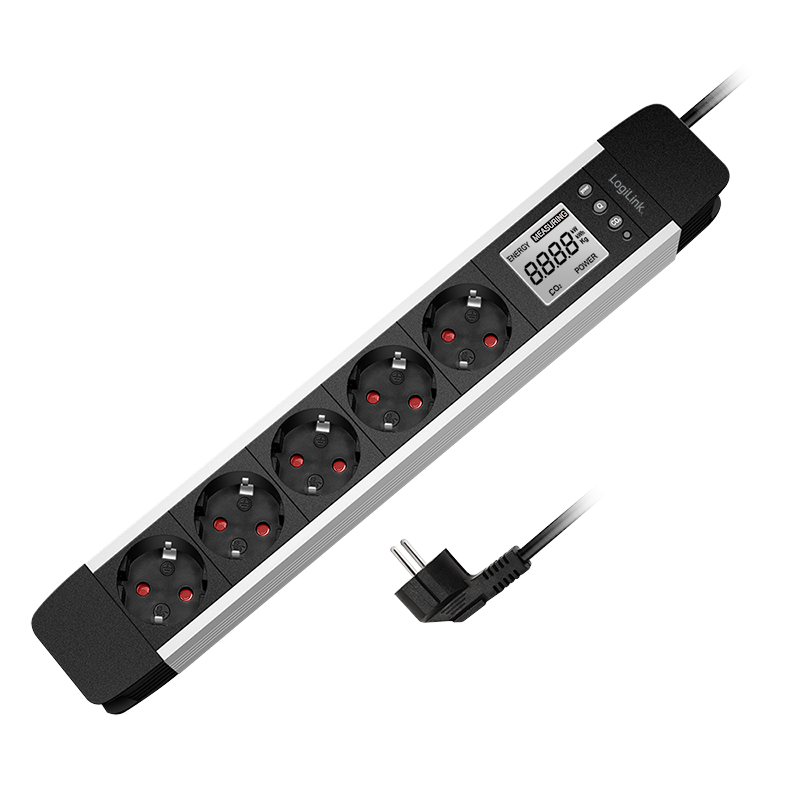 PRELUNGITOR LOGILINK, Schuko x 5, cablu 3G 1.5mm2, 230 V/16 A, 50 Hz, max. 3500 W, LCD consum, butoane: Power, Q, CO2, Reset, 1.4m, negru-argintiu, "LPS286"