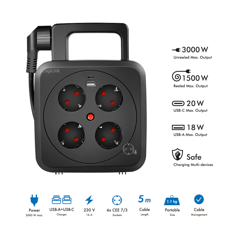 PRELUNGITOR LOGILINK, Schuko x 4, conectare prin Schuko (T), 16 A, 1xUSB-A, 1xUSB-C, comutator oprire termica, cablu 5m tip bobina, protectie IP20, negru, "LPS504"