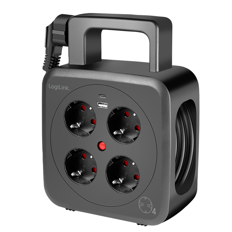 PRELUNGITOR LOGILINK, Schuko x 4, conectare prin Schuko (T), 16 A, 1xUSB-A, 1xUSB-C, comutator oprire termica, cablu 5m tip bobina, protectie IP20, negru, "LPS504"