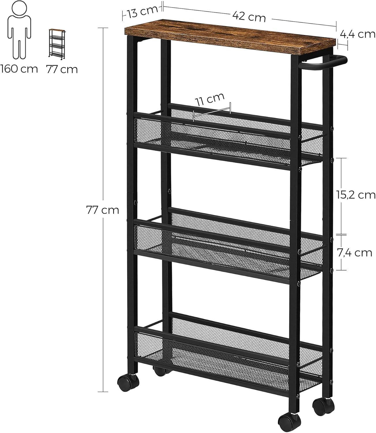 VASAGLE Carucior de bucatarie ingust cu roti, 4 niveluri, cadru metalic, 13x47x77 cm, maro rustic