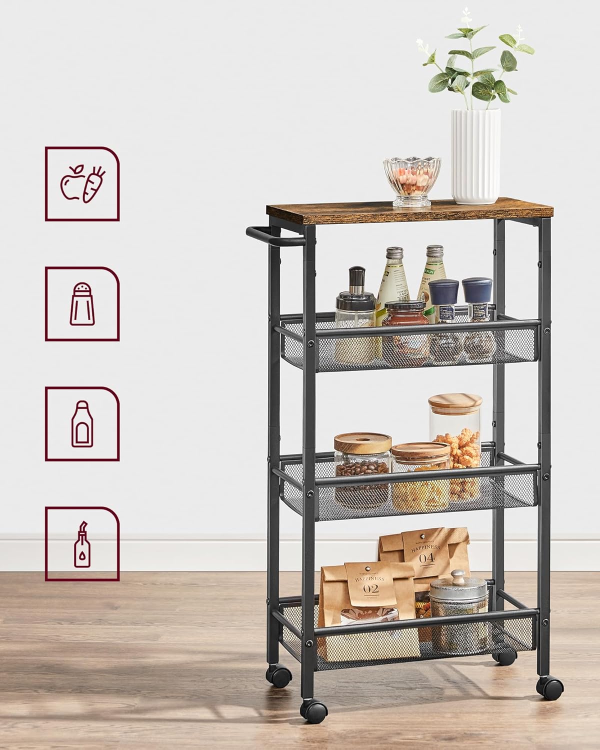 VASAGLE Carucior de bucatarie ingust cu roti, 4 niveluri, cadru metalic, 22x46x77 cm, maro rustic