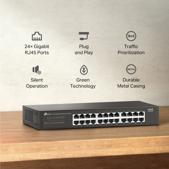 SWITCH TP-LINK 24 porturi Gigabit, fanless, instalare desktop / rackmount, carcasa metalica "LS1024G"
