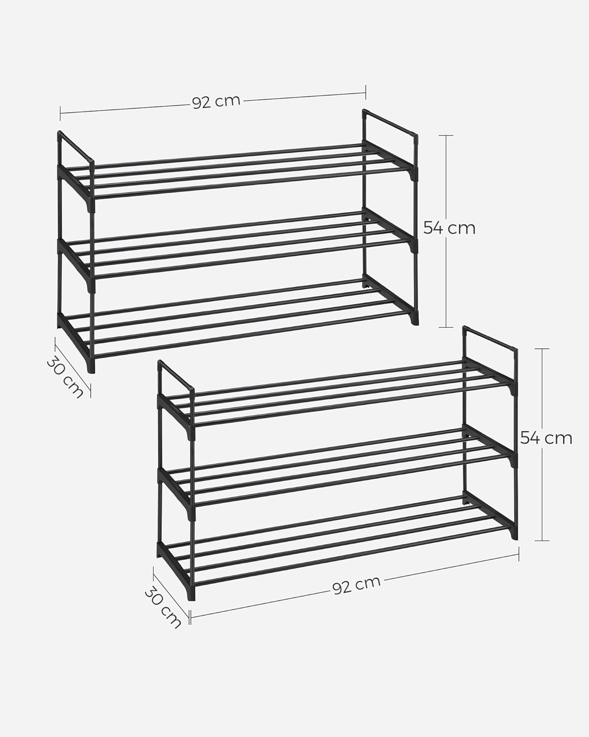 SONGMICS Set 2 suporturi pentru pantofi cu 3 niveluri, structura metalica, 30x92x54 cm, negru
