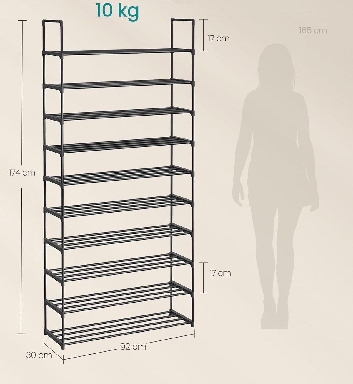 SONGMICS Raft de depozitare pantofi pe 10 niveluri, design slim, cadru metalic, 94x30x206 cm, negru