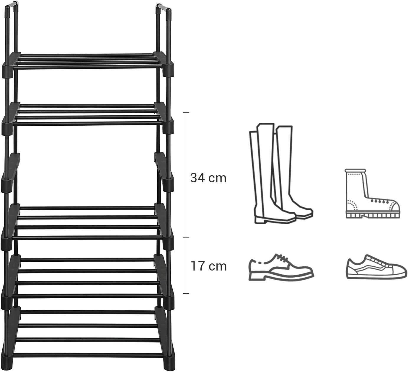 SONGMICS Raft pantofi 6 niveluri, 12 perechi incaltaminte, structura metalica, 45x30x106 cm, negru