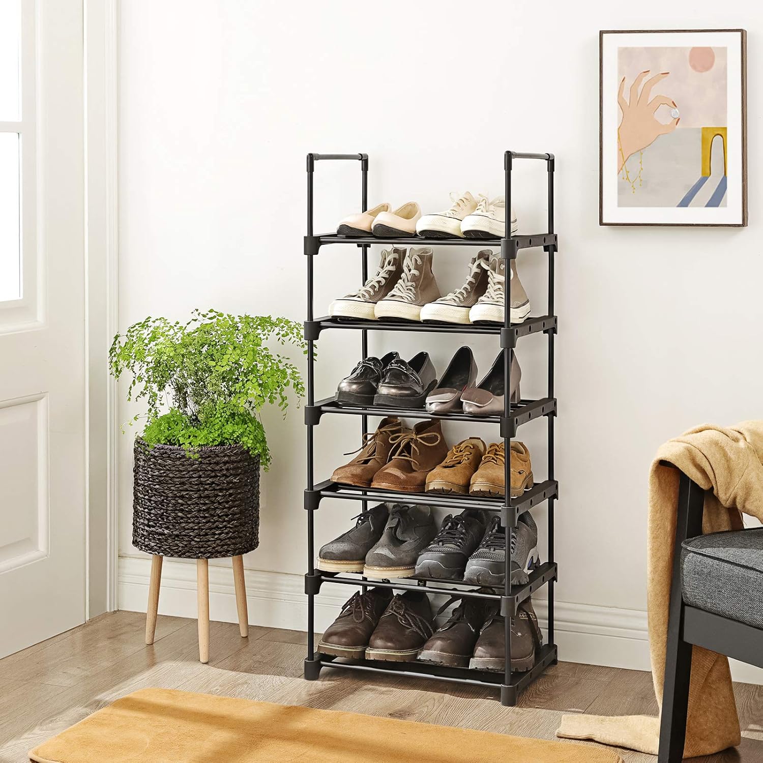 SONGMICS Raft pantofi 6 niveluri, 12 perechi incaltaminte, structura metalica, 45x30x106 cm, negru