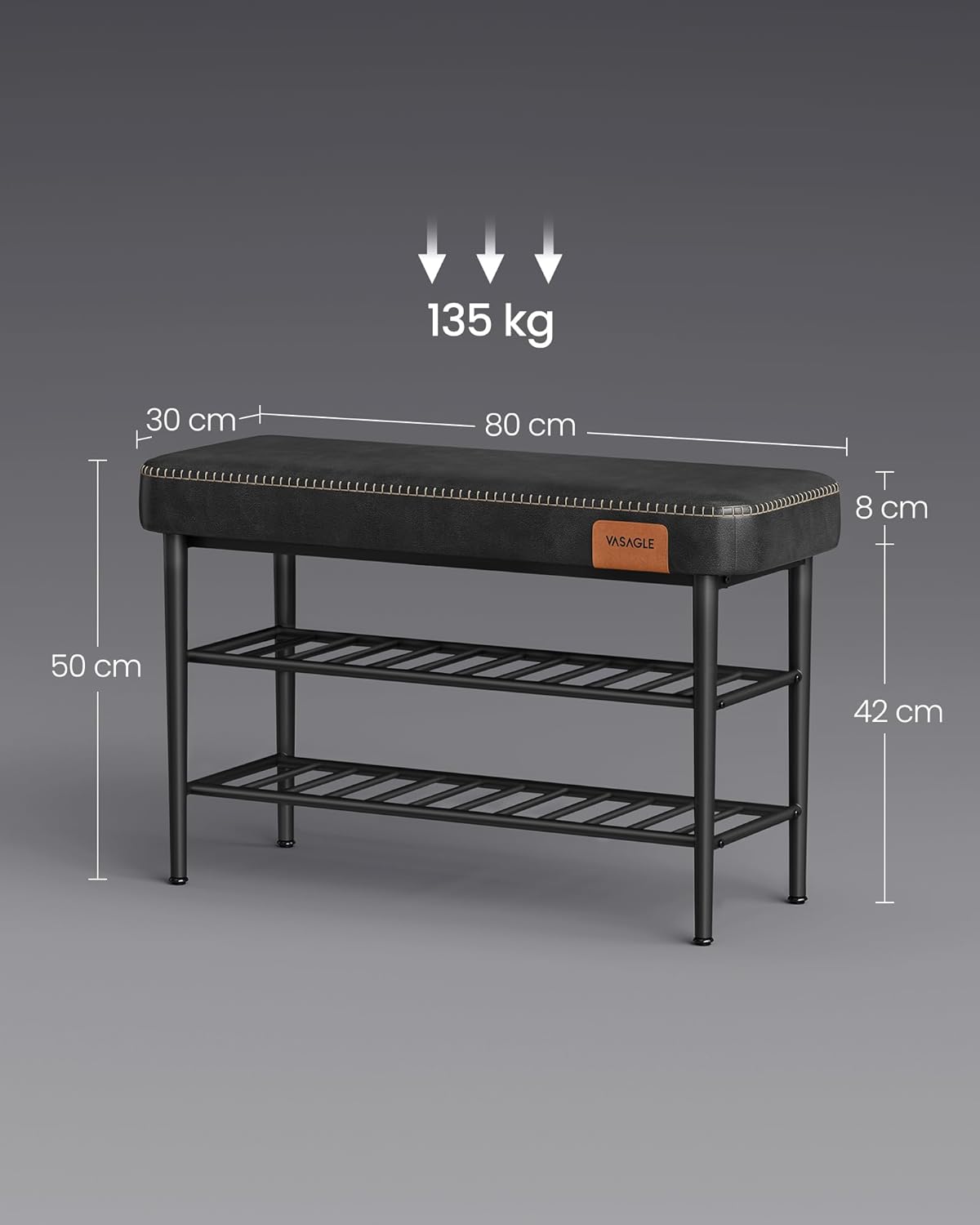 VASAGLE Banca pentru pantofi EKHO cu spatiu depozitare, sezut tapitat PU cu cusaturi, 80x30x50 cm, negru
