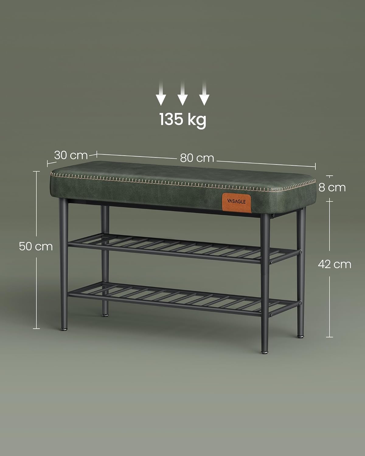 VASAGLE Banca pentru pantofi EKHO cu spatiu depozitare, sezut tapitat PU cu cusaturi, 80x30x50 cm, verde