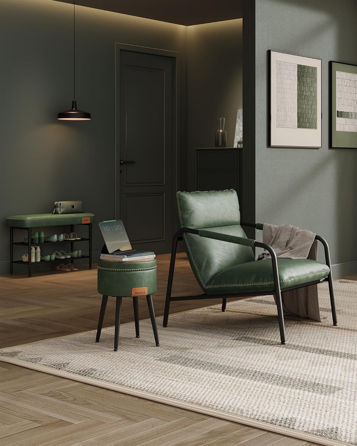 VASAGLE Banca pentru pantofi EKHO cu spatiu depozitare, sezut tapitat PU cu cusaturi, 80x30x50 cm, verde