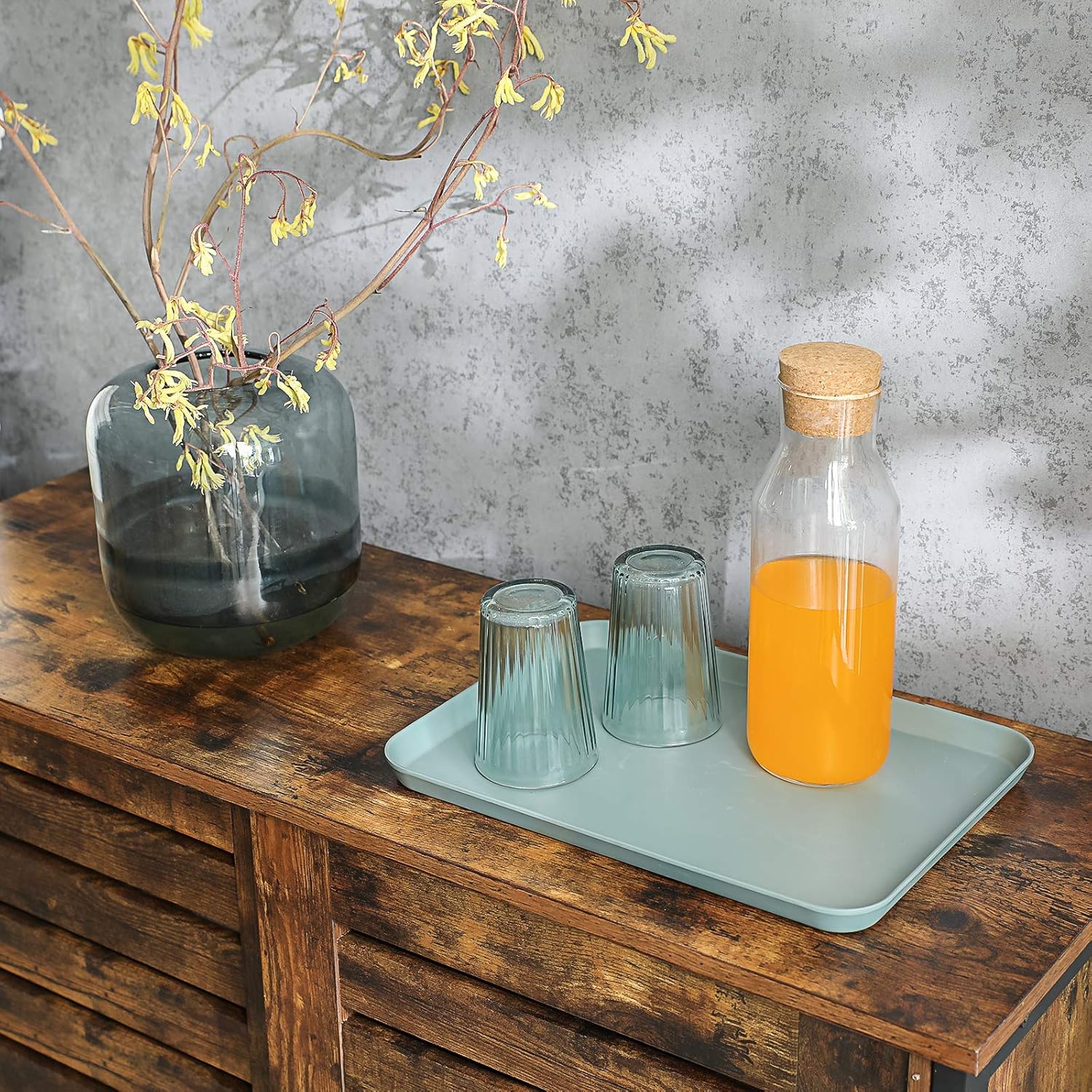 VASAGLE Comoda cu usi glisante pentru bucatarie sau living, cadru metalic, stil industrial, 100x35x70 cm, maro rustic