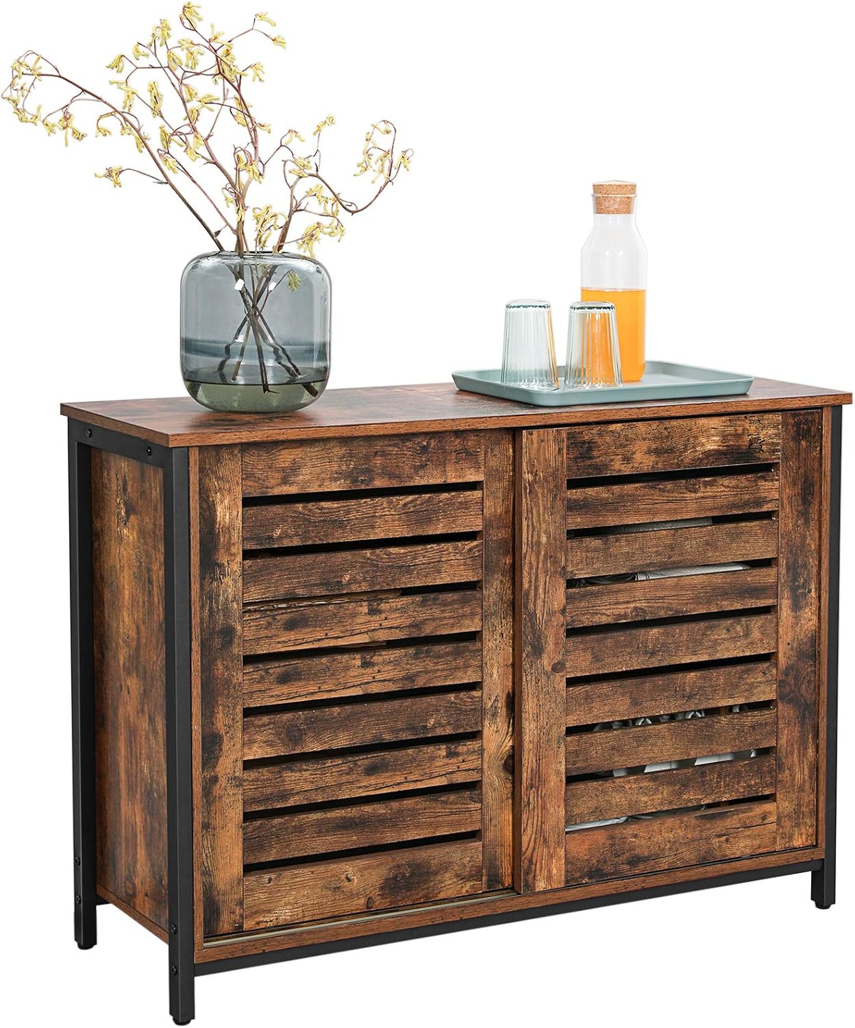 VASAGLE Comoda cu usi glisante pentru bucatarie sau living, cadru metalic, stil industrial, 100x35x70 cm, maro rustic