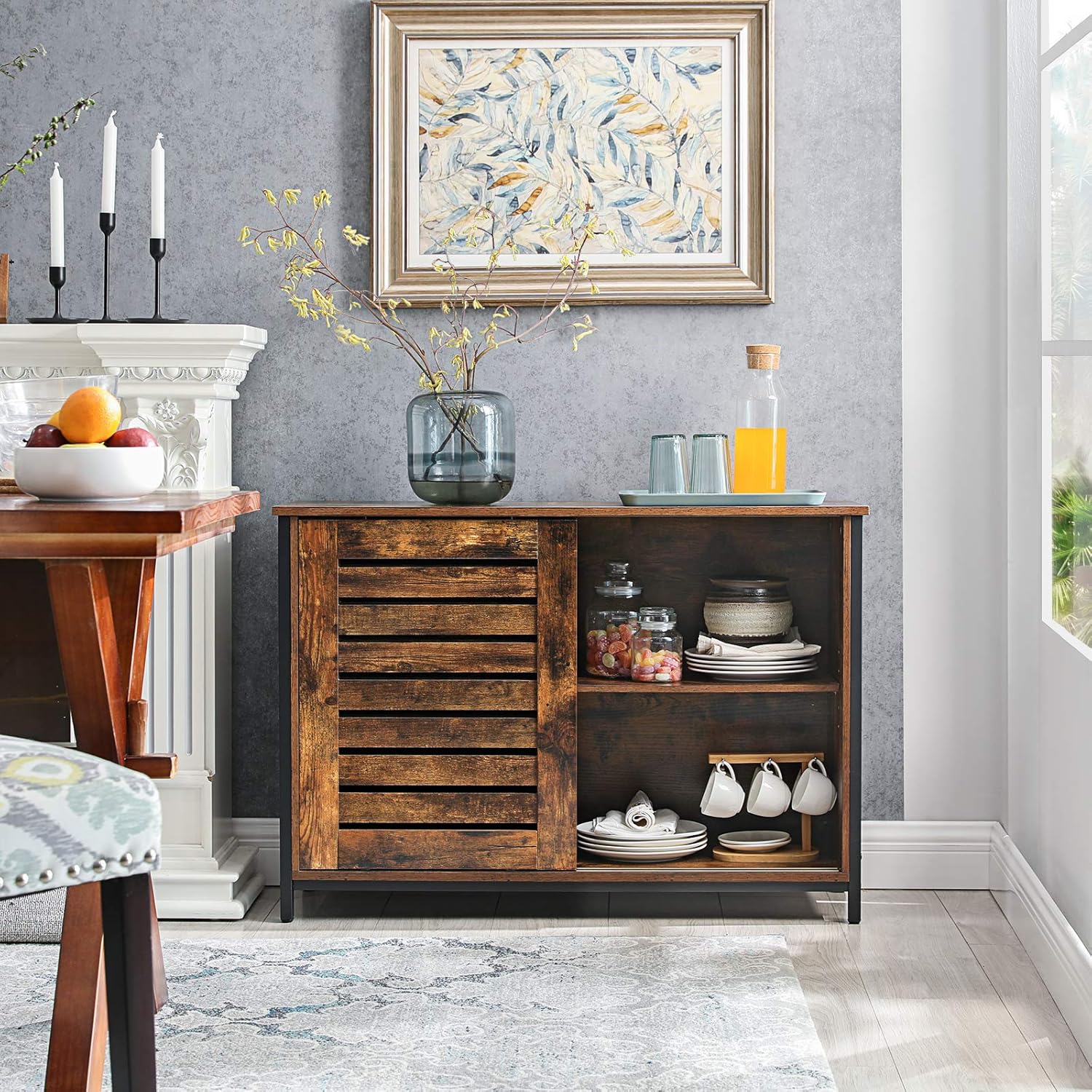 VASAGLE Comoda cu usi glisante pentru bucatarie sau living, cadru metalic, stil industrial, 100x35x70 cm, maro rustic