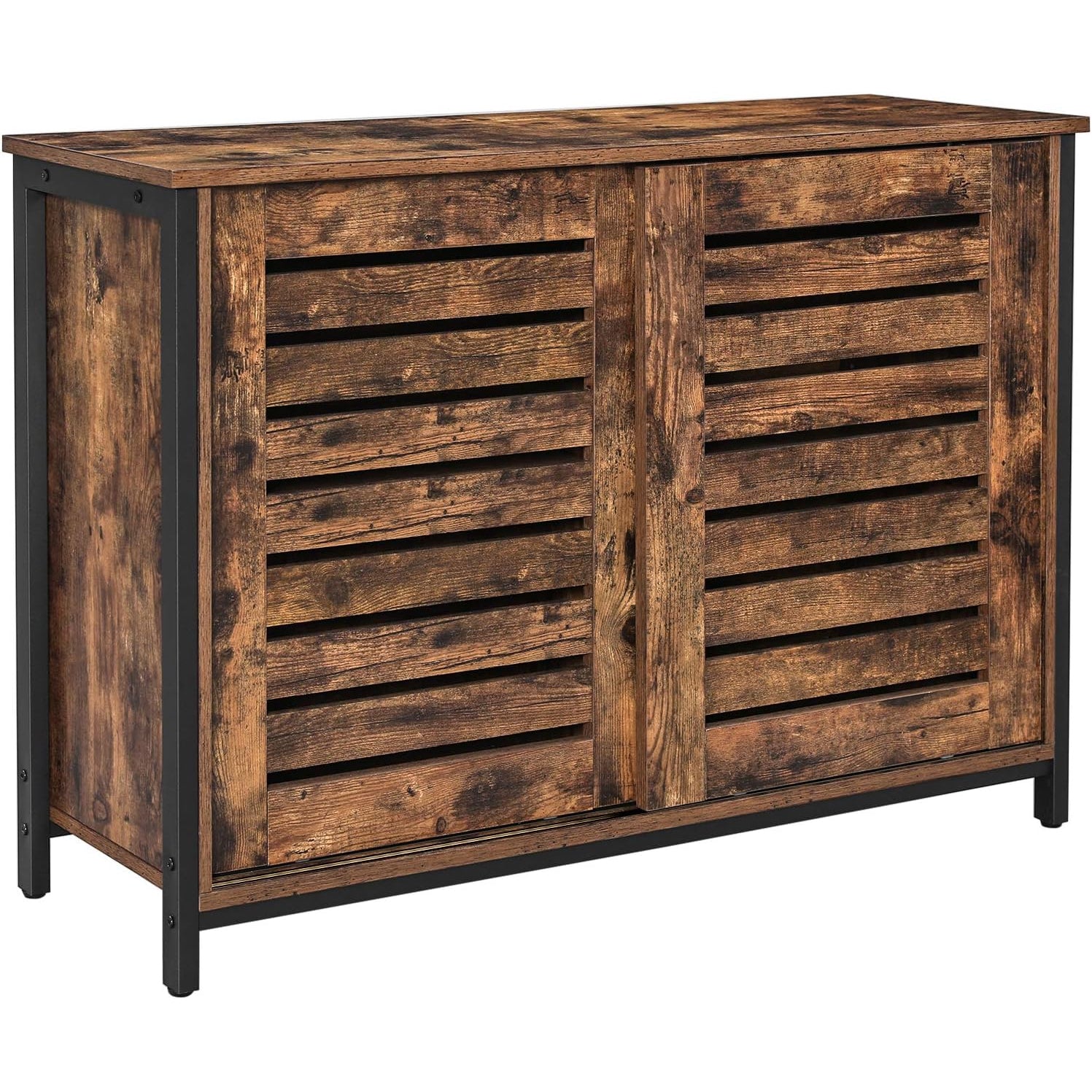 VASAGLE Comoda cu usi glisante pentru bucatarie sau living, cadru metalic, stil industrial, 100x35x70 cm, maro rustic