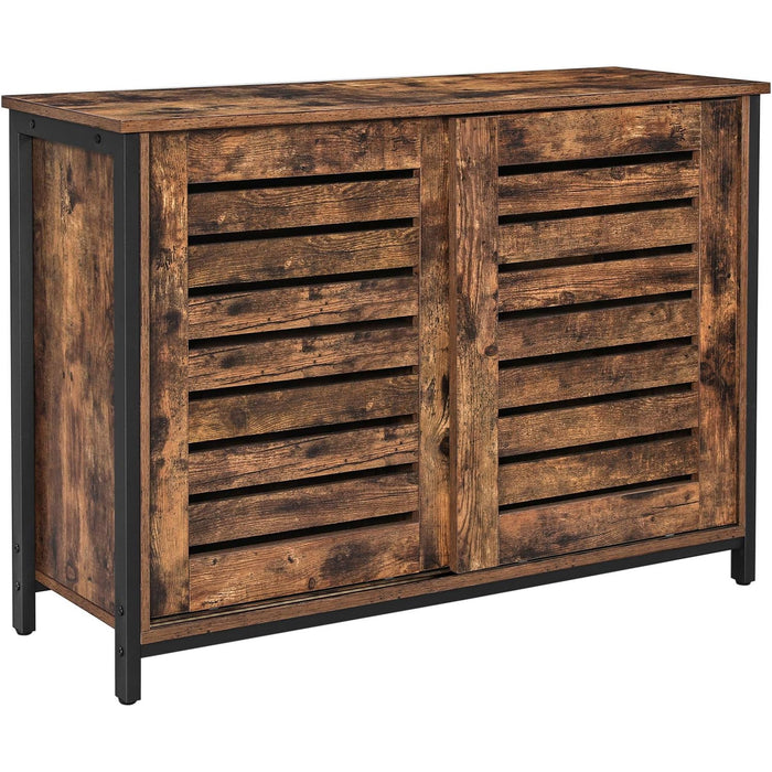 VASAGLE Comoda cu usi glisante pentru bucatarie sau living, cadru metalic, stil industrial, 100x35x70 cm, maro rustic