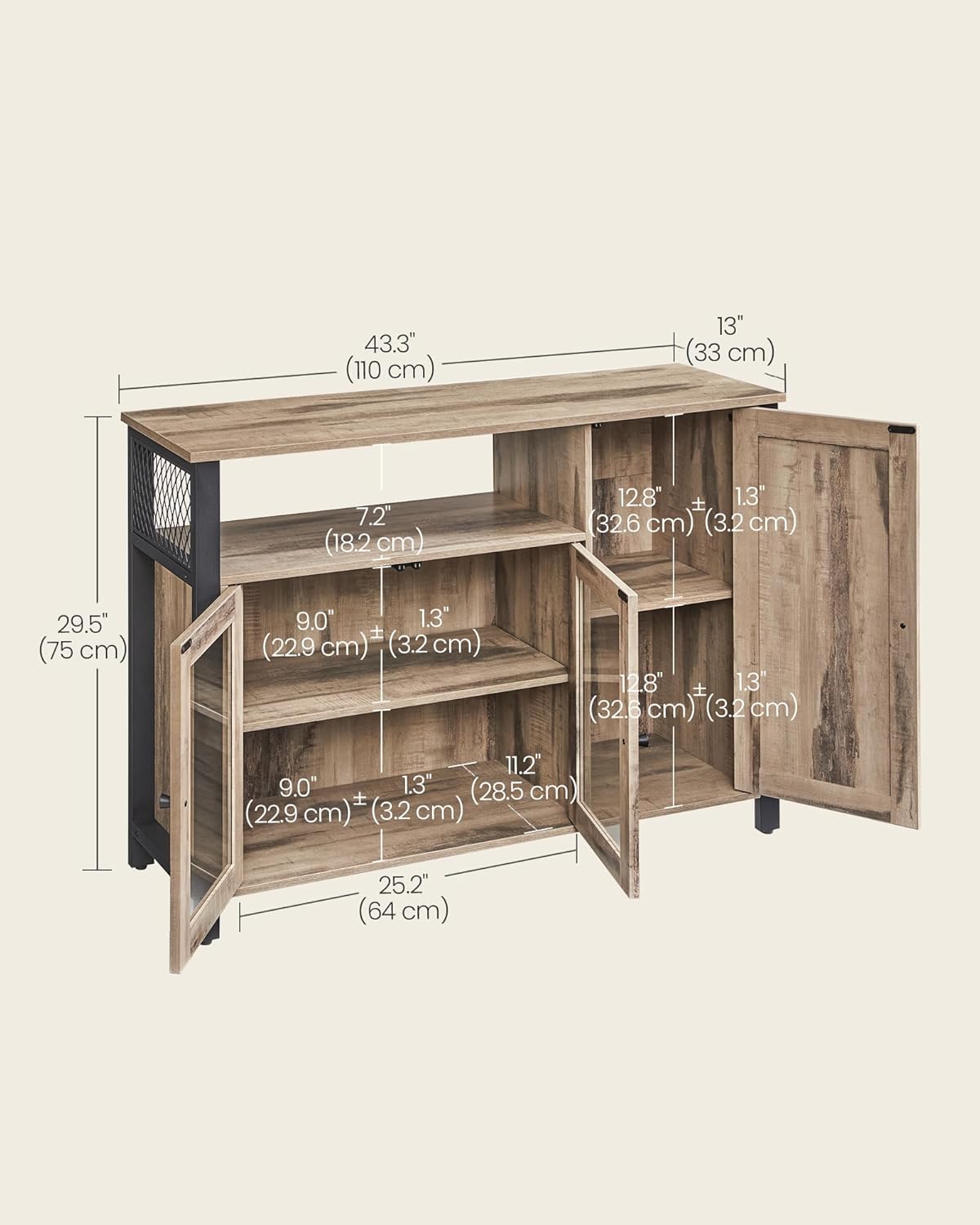 VASAGLE Dulap de depozitare tip bufet, cu 3 usi, stil industrial, 110x33x75cm, maro camel