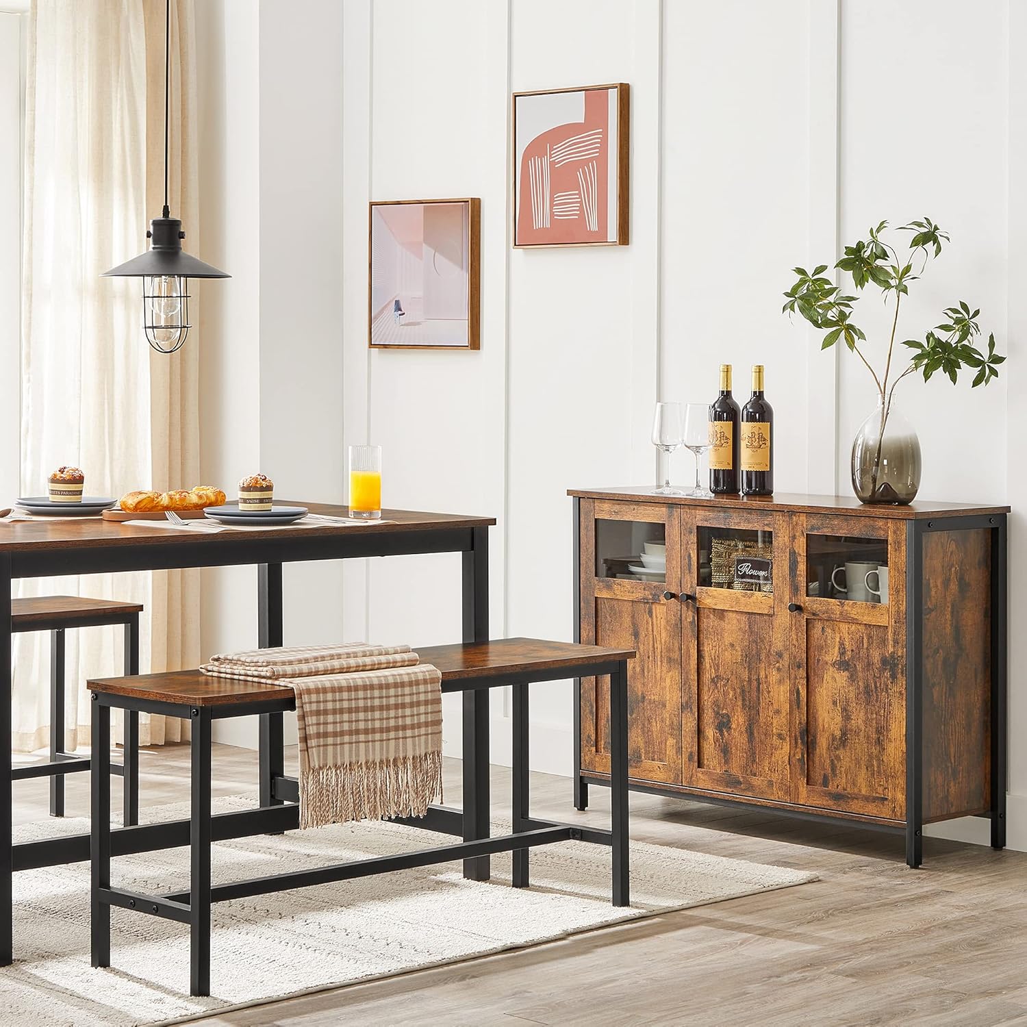 VASAGLE Comoda cu 3 usi din sticla, cadru metalic, stil industrial, 35x100x75 cm, maro rustic