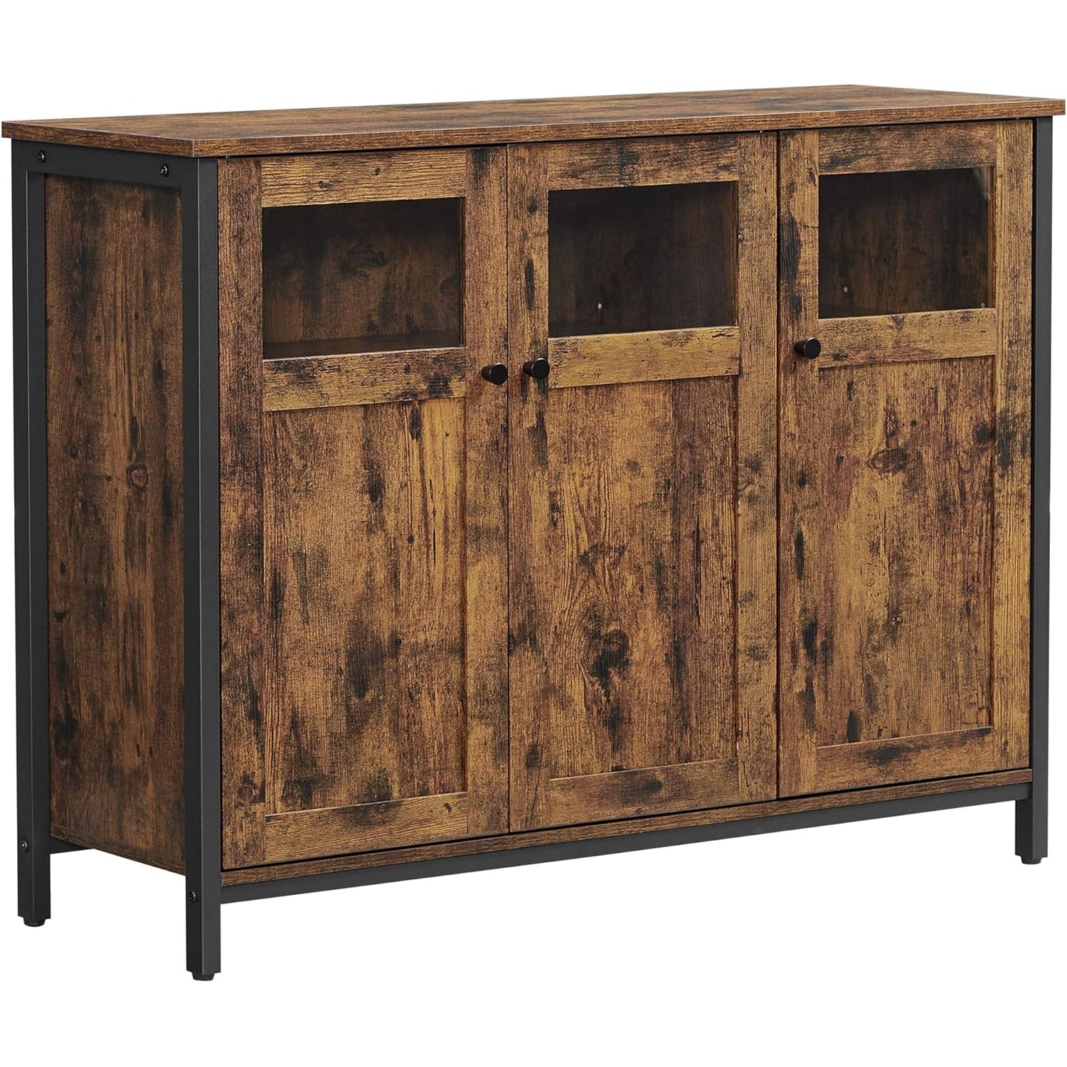 VASAGLE Comoda cu 3 usi din sticla, cadru metalic, stil industrial, 35x100x75 cm, maro rustic