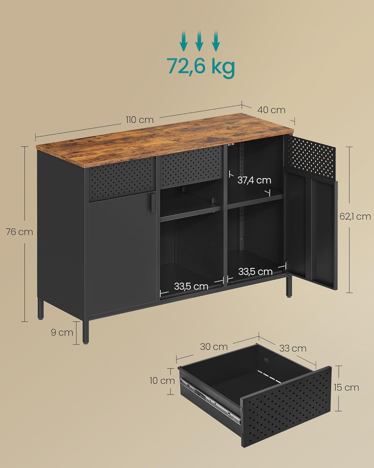SONGMICS Dulap metalic cu 2 usi si polite reglabile, otel si PAL, stil industrial, 40x110x76 cm, maro rustic