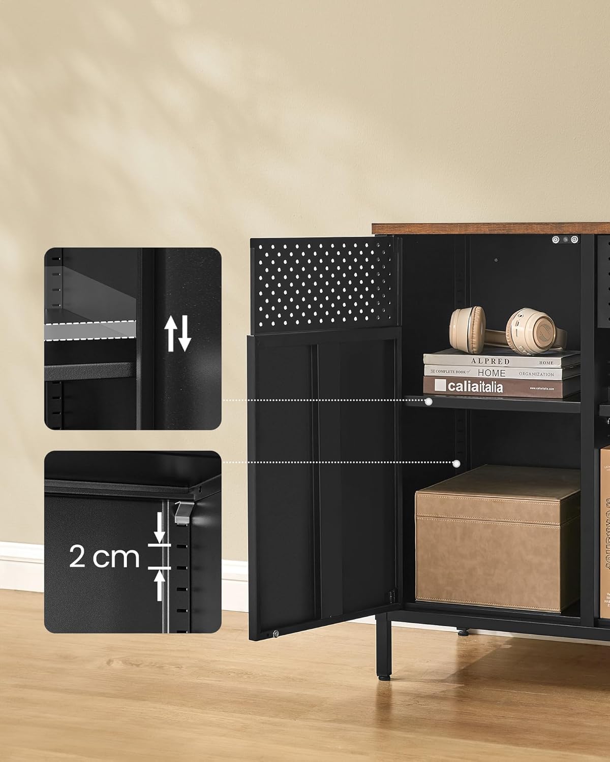 SONGMICS Dulap metalic cu 2 usi si polite reglabile, otel si PAL, stil industrial, 40x110x76 cm, maro rustic