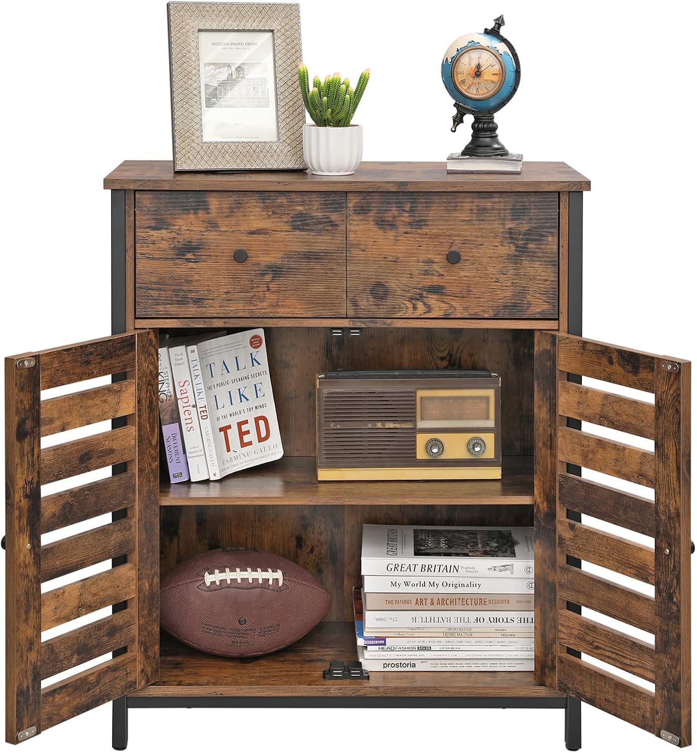 VASAGLE Comoda depozitare cu 2 sertare si polite, usi tip jaluzea, stil industrial, 30x70x80 cm, maro rustic