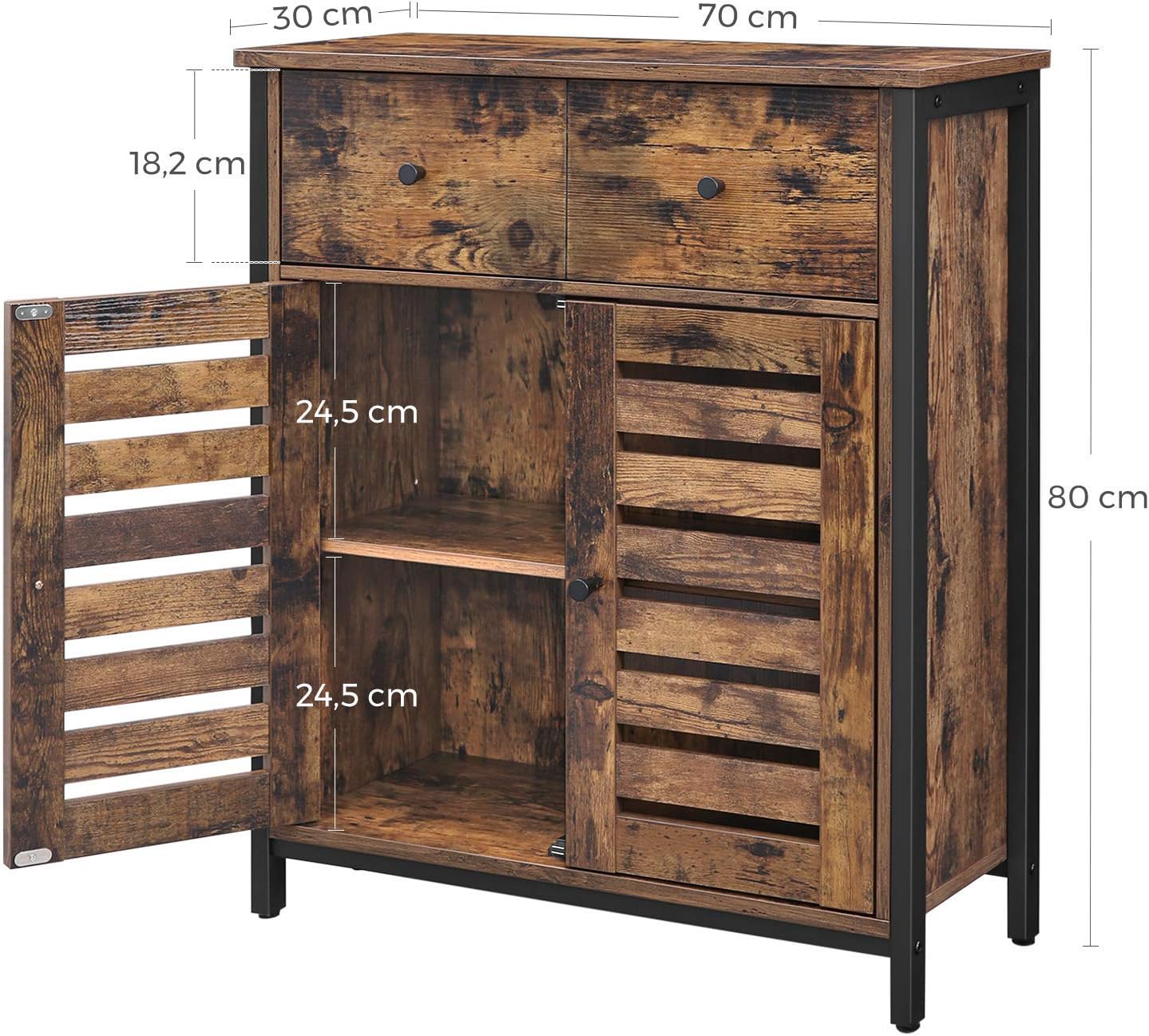 VASAGLE Comoda depozitare cu 2 sertare si polite, usi tip jaluzea, stil industrial, 30x70x80 cm, maro rustic