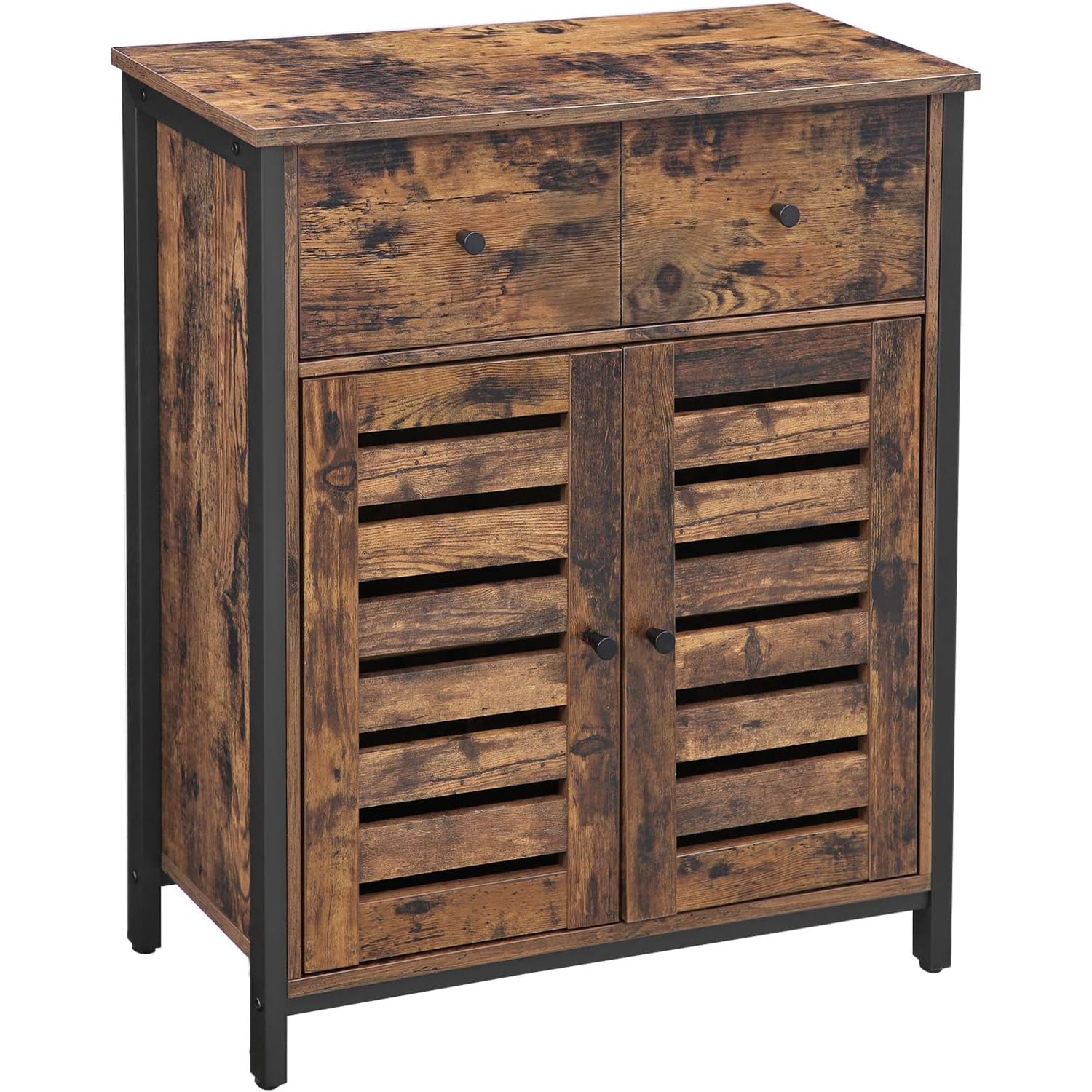 VASAGLE Comoda depozitare cu 2 sertare si polite, usi tip jaluzea, stil industrial, 30x70x80 cm, maro rustic