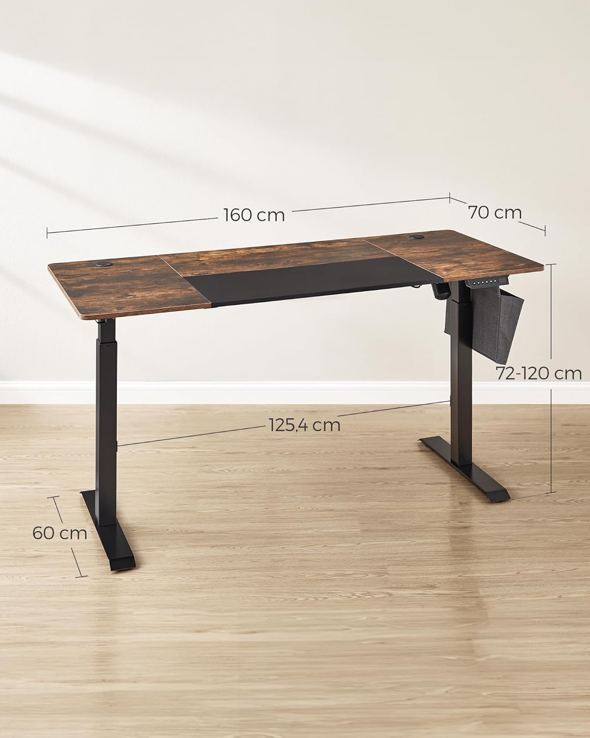 SONGMICS Birou reglabil electric pe inaltime, cadru metalic, blat lemn compozit, 160x70x120 cm, maro rustic