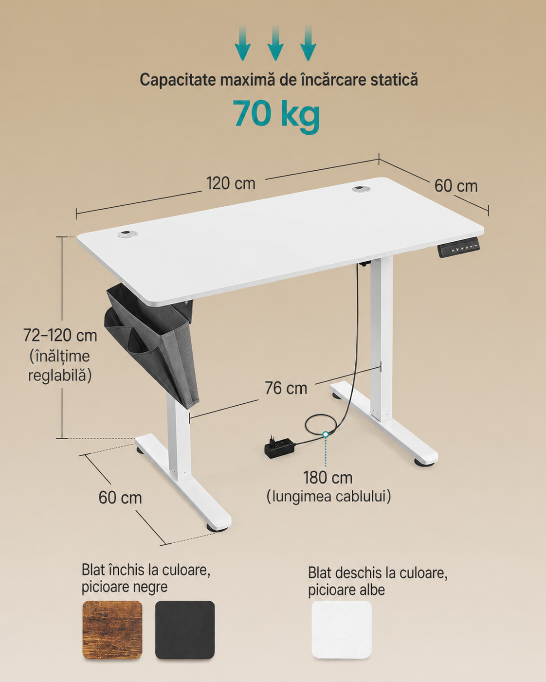 SONGMICS Birou electric reglabil pe inaltime, 120x60x(72-120) cm, memorie 4 pozitii, USB-C, cadru metalic, alb