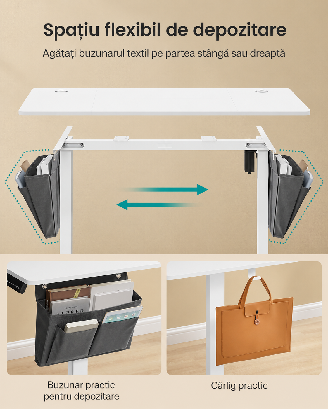 SONGMICS Birou electric reglabil pe inaltime, 120x60x(72-120) cm, memorie 4 pozitii, USB-C, cadru metalic, alb
