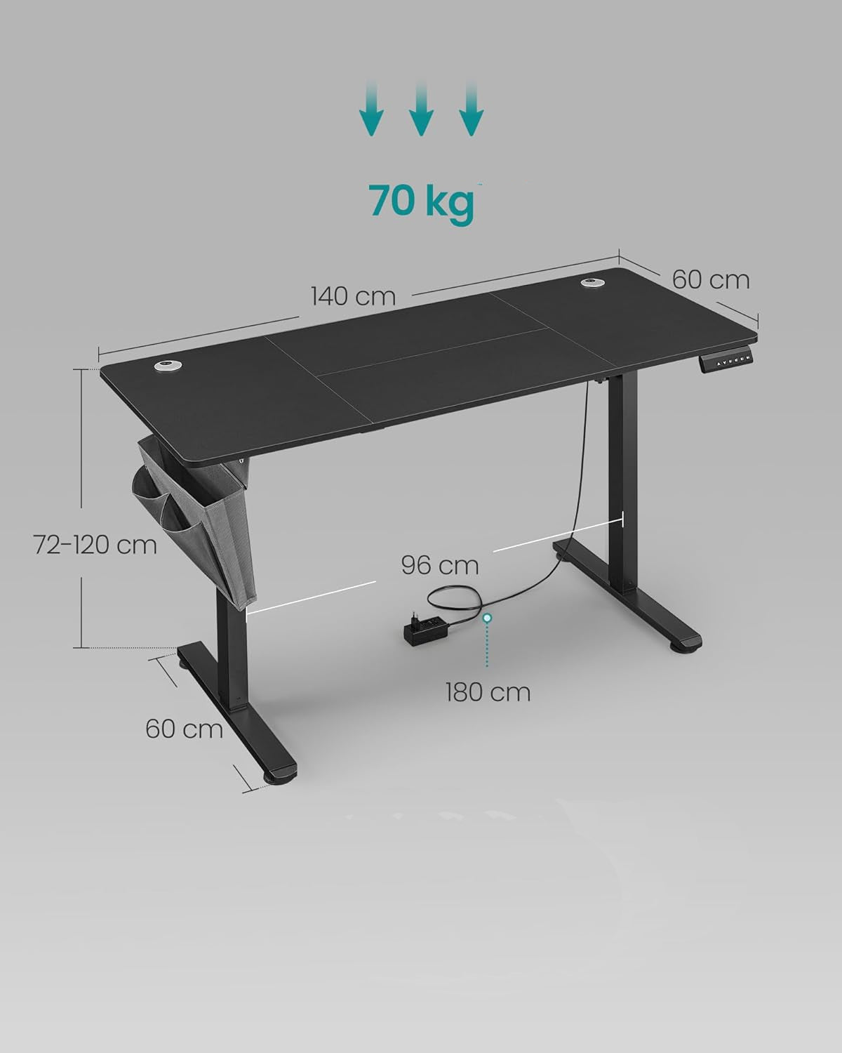 SONGMICS Birou reglabil electric, inaltime ajustabila 72-120 cm, cadru otel, blat PAL 140x60 cm, functie memorie 4 pozitii, negru