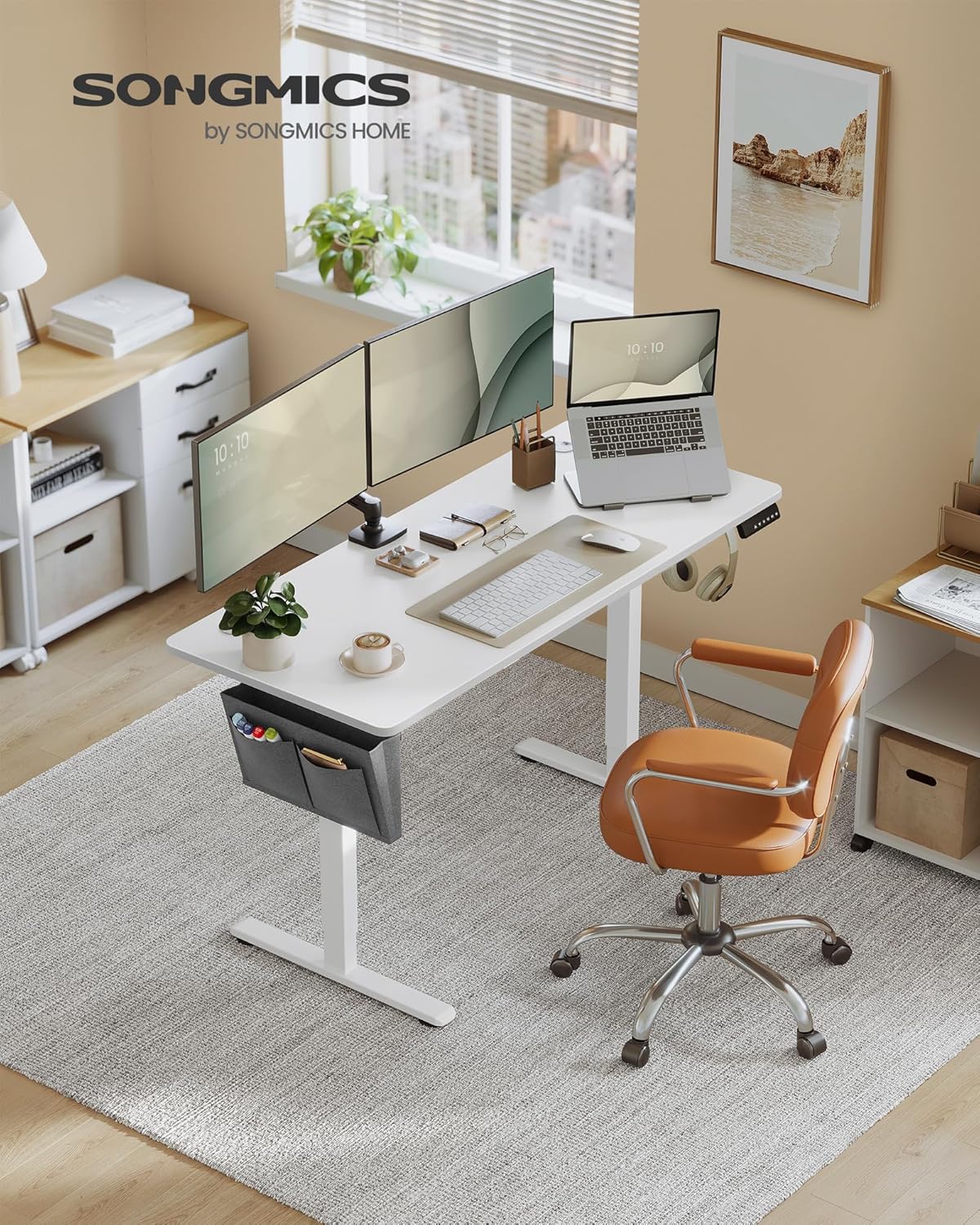 SONGMICS Birou reglabil electric, inaltime ajustabila 72-120 cm, cadru otel, blat PAL 140x60 cm, functie memorie 4 pozitii, alb