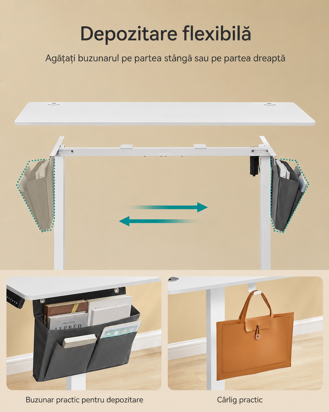 SONGMICS Birou reglabil electric, inaltime ajustabila 72-120 cm, cadru otel, blat PAL 140x60 cm, functie memorie 4 pozitii, alb