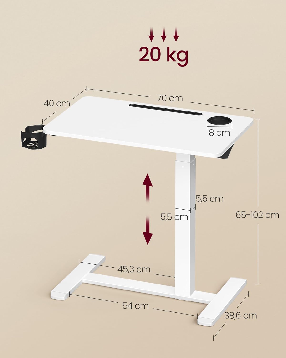 VASAGLE Masa tip birou, ajustabila cu roti pentru pat sau canapea, blat 70x40 cm, inaltime reglabila 65-102 cm, alb