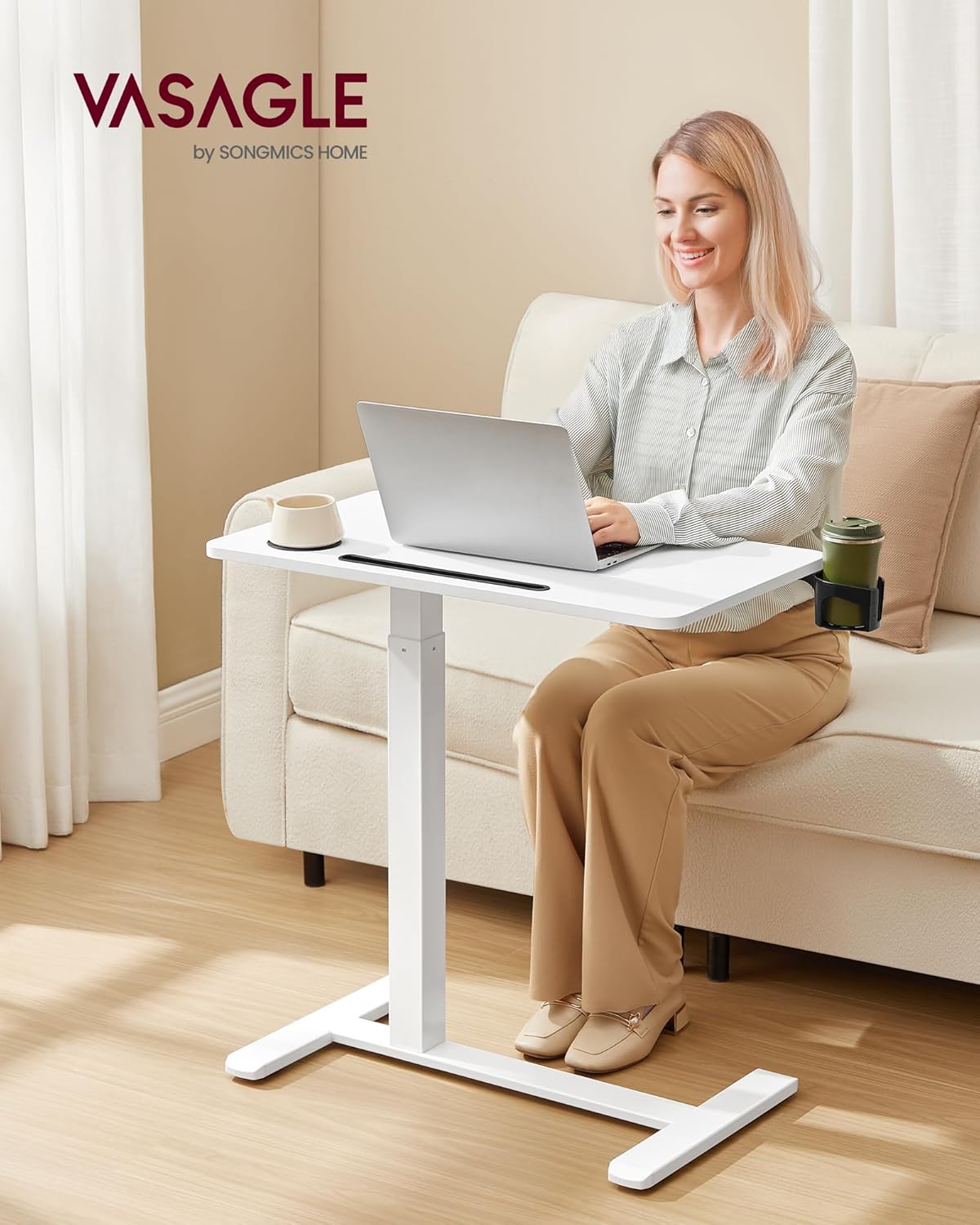 VASAGLE Masa tip birou, ajustabila cu roti pentru pat sau canapea, blat 70x40 cm, inaltime reglabila 65-102 cm, alb
