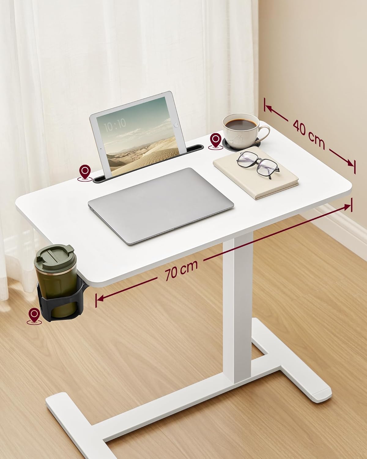 VASAGLE Masa tip birou, ajustabila cu roti pentru pat sau canapea, blat 70x40 cm, inaltime reglabila 65-102 cm, alb