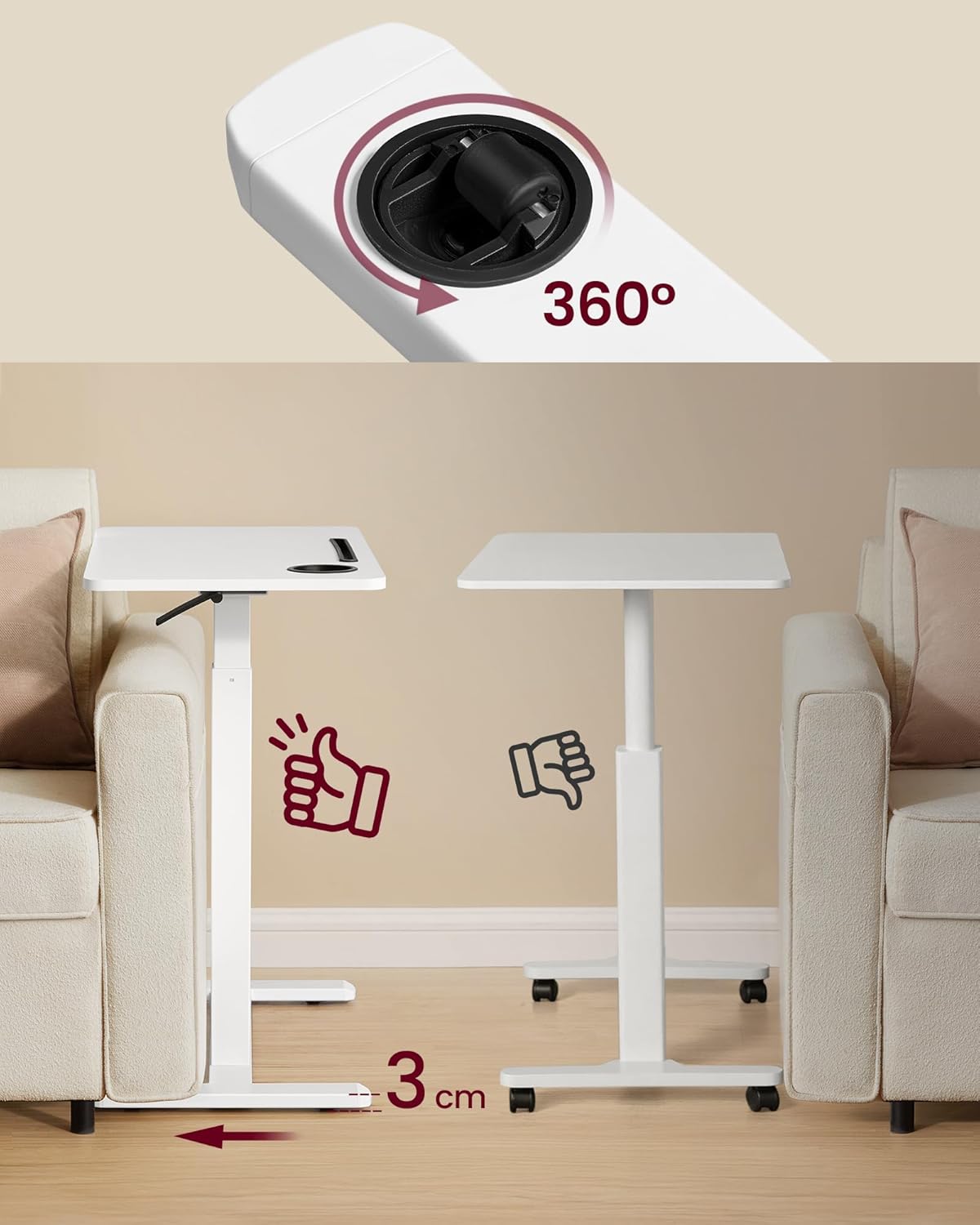 VASAGLE Masa tip birou, ajustabila cu roti pentru pat sau canapea, blat 70x40 cm, inaltime reglabila 65-102 cm, alb