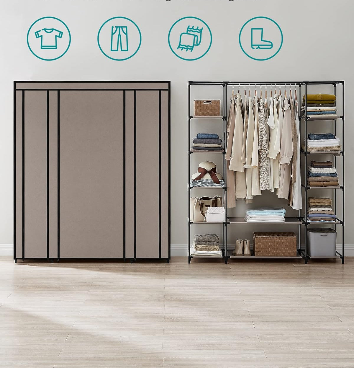 SONGMICS Garderoba din material textil, dulap portabil, cu rafturi si sina de agatat, 150x45x175cm, taupe